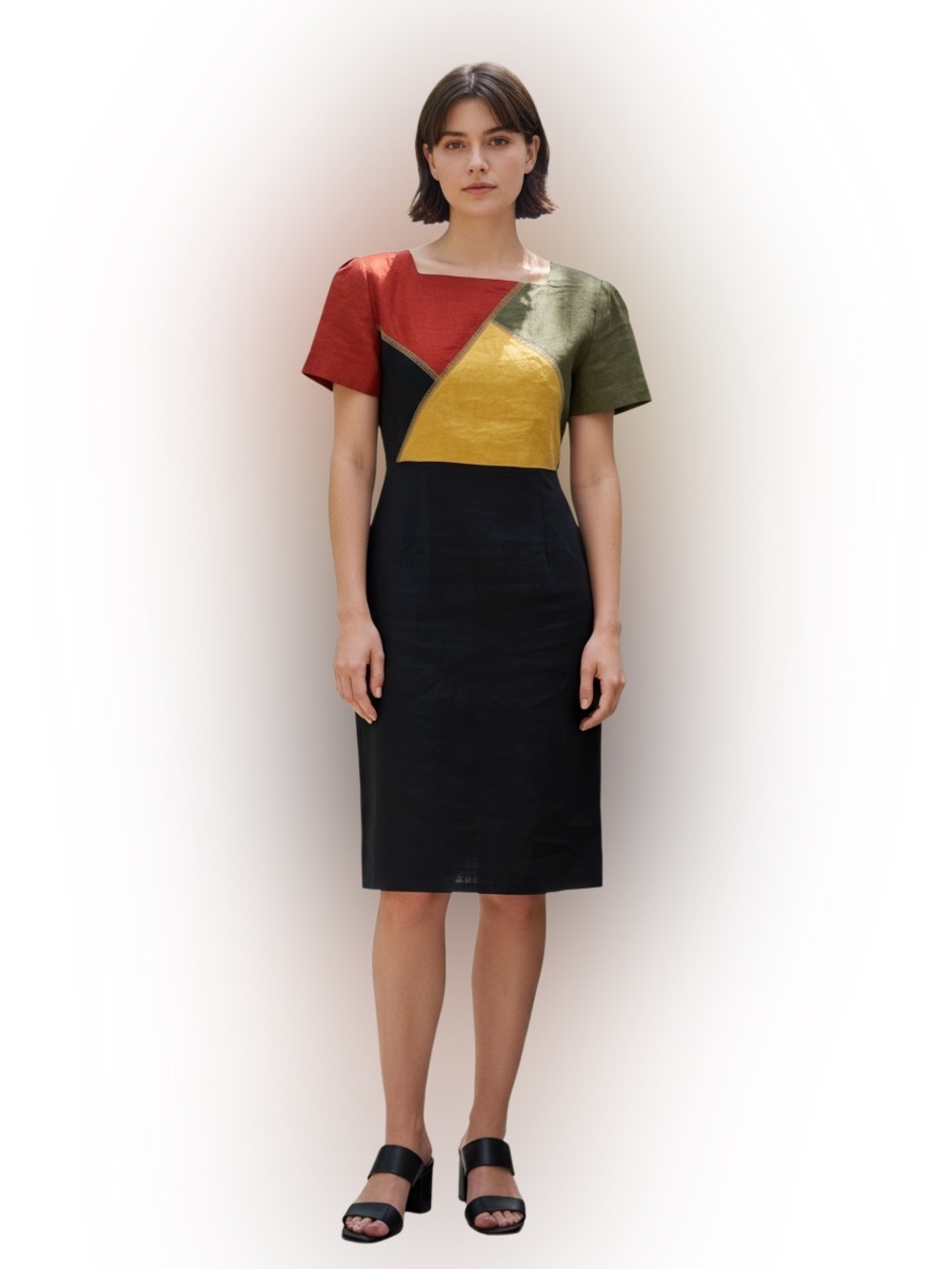 Vintage 80s BEAU DAVID Colorblock Linen Sheath Dress | Size 4 | Retro Mod